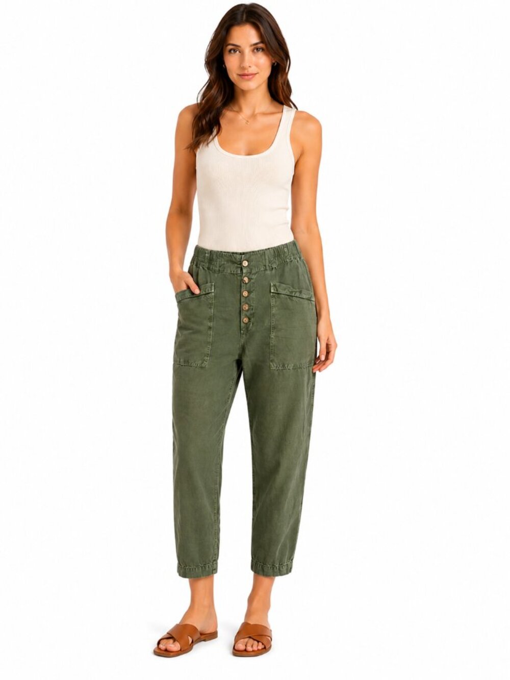 SUNDANCE Linen Cotton Button Front Patch Pocket Pants Casual Olive Green Size 6